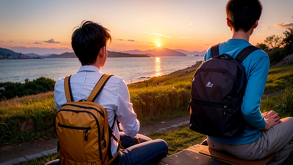 a student with his bag on his back, looking at the sunset and a dog next to him sitting looking at the sunset