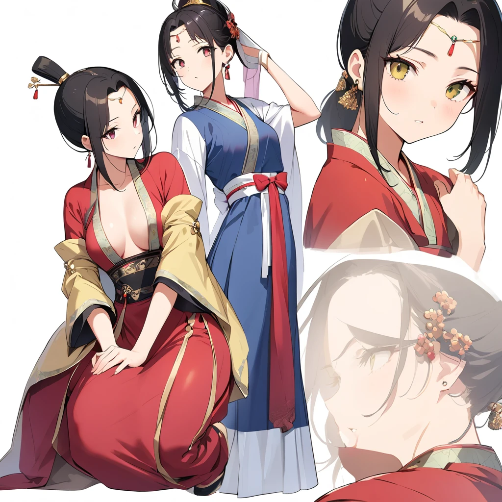 16k works,Highest quality,18-year-old,No background.White background only,whole body、Kneel,Dynamic and sexy pose, One person, Beautiful Face,, Symmetrical eyes, Perfect body, Good balance、 Perfect body、Chinese traditional clothing, Hanfu, Ancient Chinese Princess, Black Hair, Topknot, Hair ornament studded with small jewels, Slender body, Place your hand on your chest