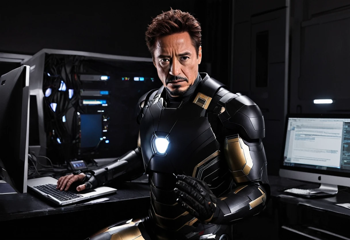 make Iron Man with his armor on his face but wearing a black suit holding a computer in the background as if he were in dark and serious space. An image that demonstrates seriousness and power when working as a freelancer, looking at the camera, from the front, high quality image