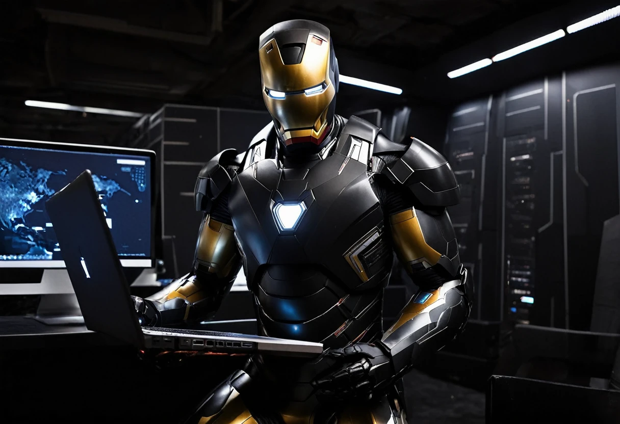 make Iron Man with his armor on his face but wearing a black suit holding a computer in the background as if he were in dark and serious space. An image that demonstrates seriousness and power when working as a freelancer, looking at the camera, from the front, high quality image