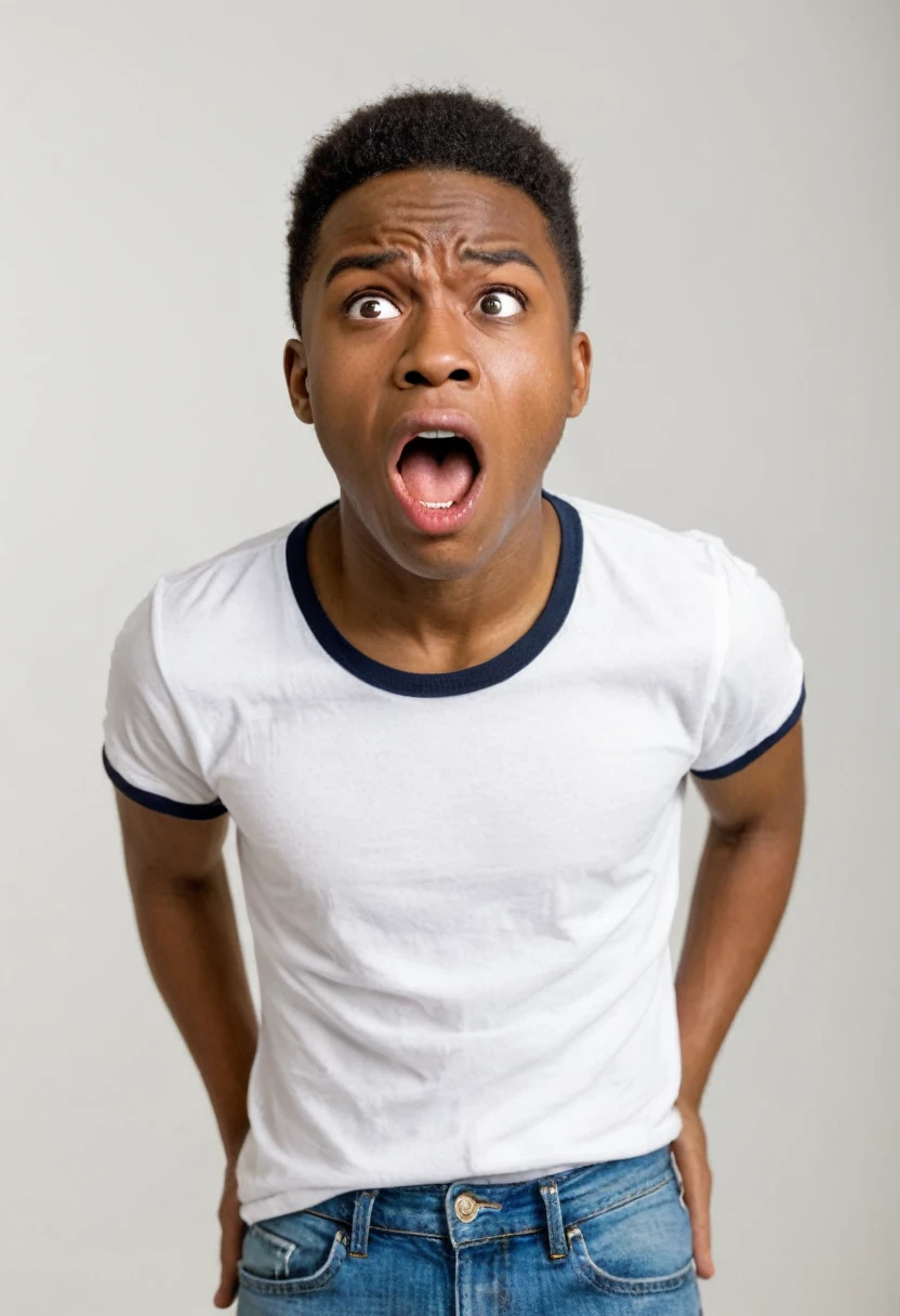 young African-American man aged 18, he seems angry, he seems shocked, the open mouth, screaming, in t-shirt and jeans, plain white background