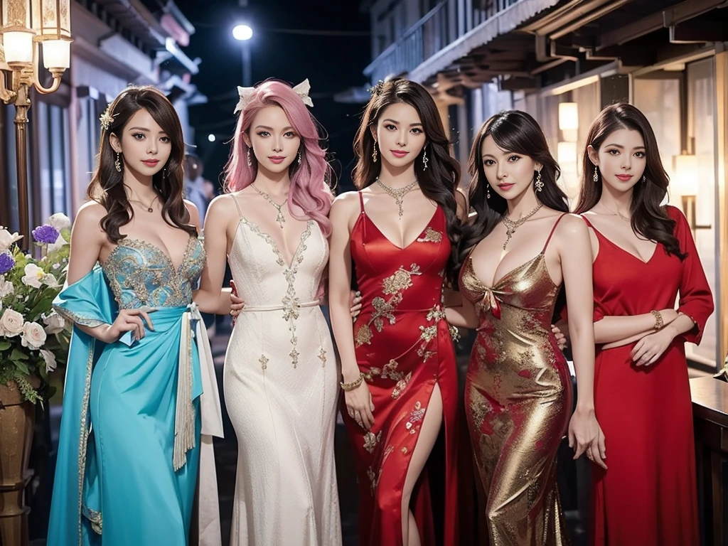 Three Girls, length_hair, bright_hair_color, Fascinating_eye, mysterious_Performance, Mature Woman_exterior, glamorous_Costume, Flowing_dress, elegant_jewelry, complicated_Decoration, magic_symbol, Shine_accessories, Portion, Scroll, cute_accent, bow, ribbon, Flowers,A tiny bit of cleavage is visible,sexy