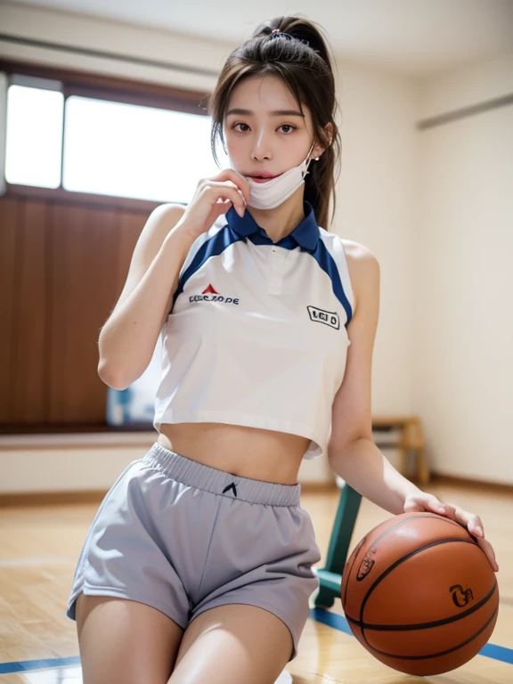 absurdres, RAW photo, extremely delicate and beautiful, masterpiece, Best Quality, ultra high resolution, 16k, hyperrealistic, ultra-detailed, perfect anatomy, Facing the front, super Detailed skin, perfect figure, Very detailed CG 8k wallpaper, in her 20s, very Slim body, narrow waist, very small head, very small face, delicate facial features, tearful mole, mole on chest, earring, thin legs, (very huge round breasts), midriff, (medium shot), 1girl in, light brown hair, ponytail hair, ((basketball uniform)), ((wearing mouth mask, mouth mask fit his face)),