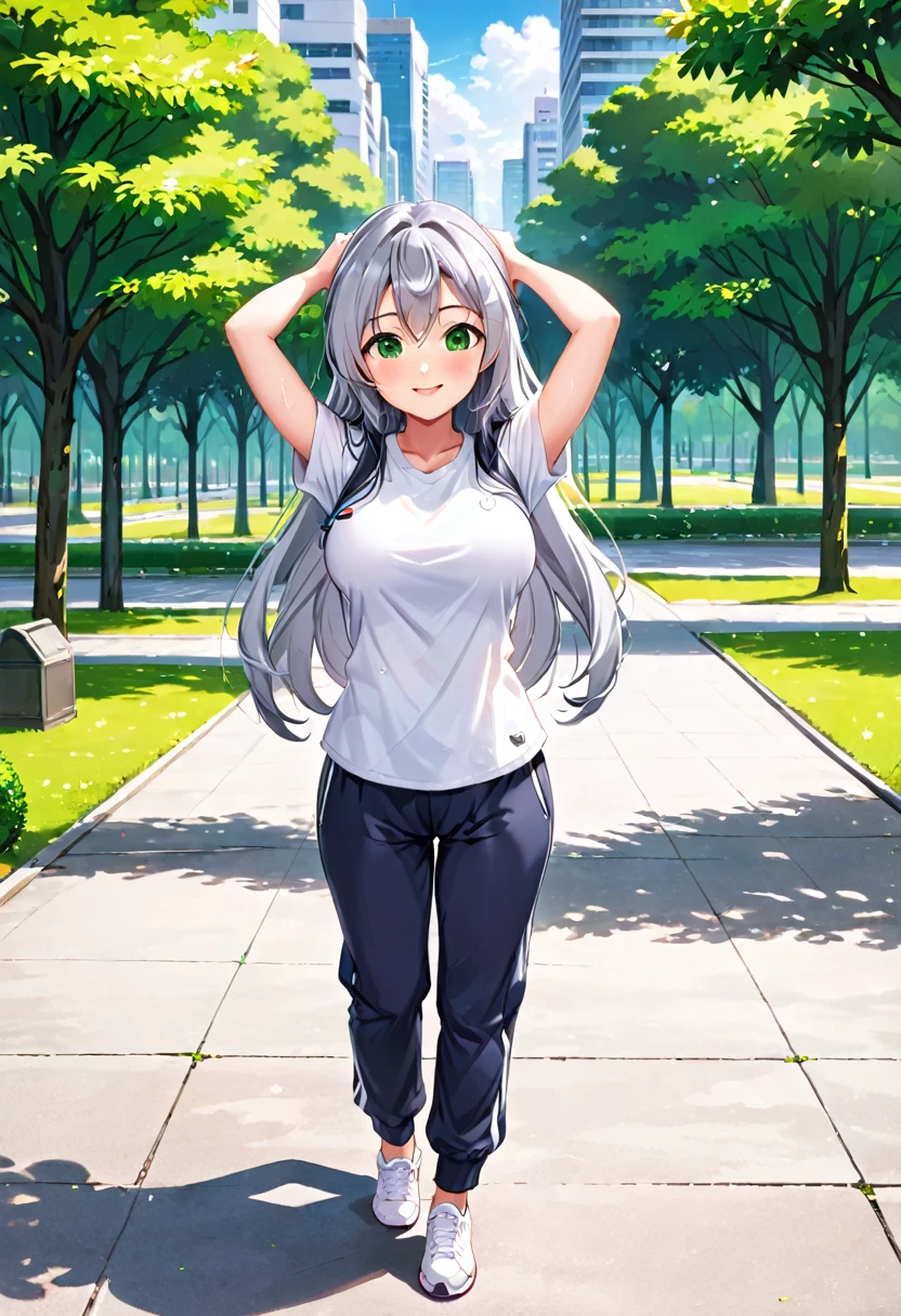Pretty asian woman, bright silver hair, long hair, green eyes, busty, sweat pants and a white t shirt, cute, anime style, standing center of a park, hands up in the air, full body photo, empty environment, smiling