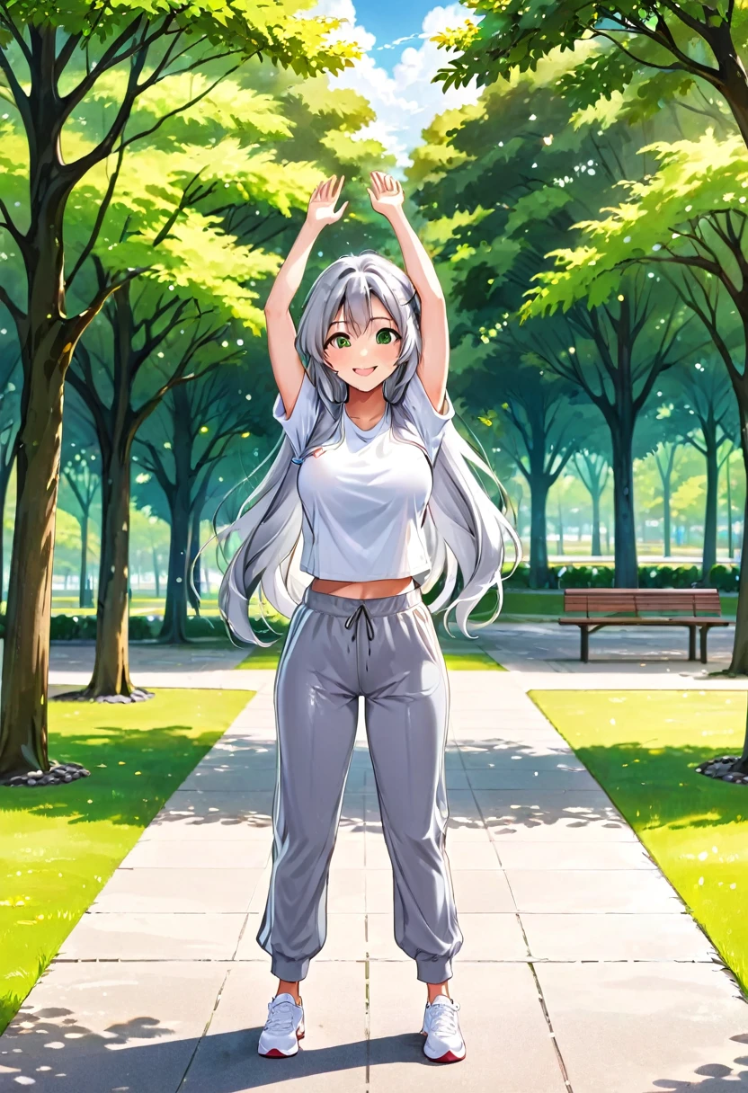 Pretty asian woman, bright silver hair, long hair, green eyes, busty, sweat pants and a white t shirt, cute, anime style, standing center of a park, hands up in the air, full body photo, empty environment, smiling