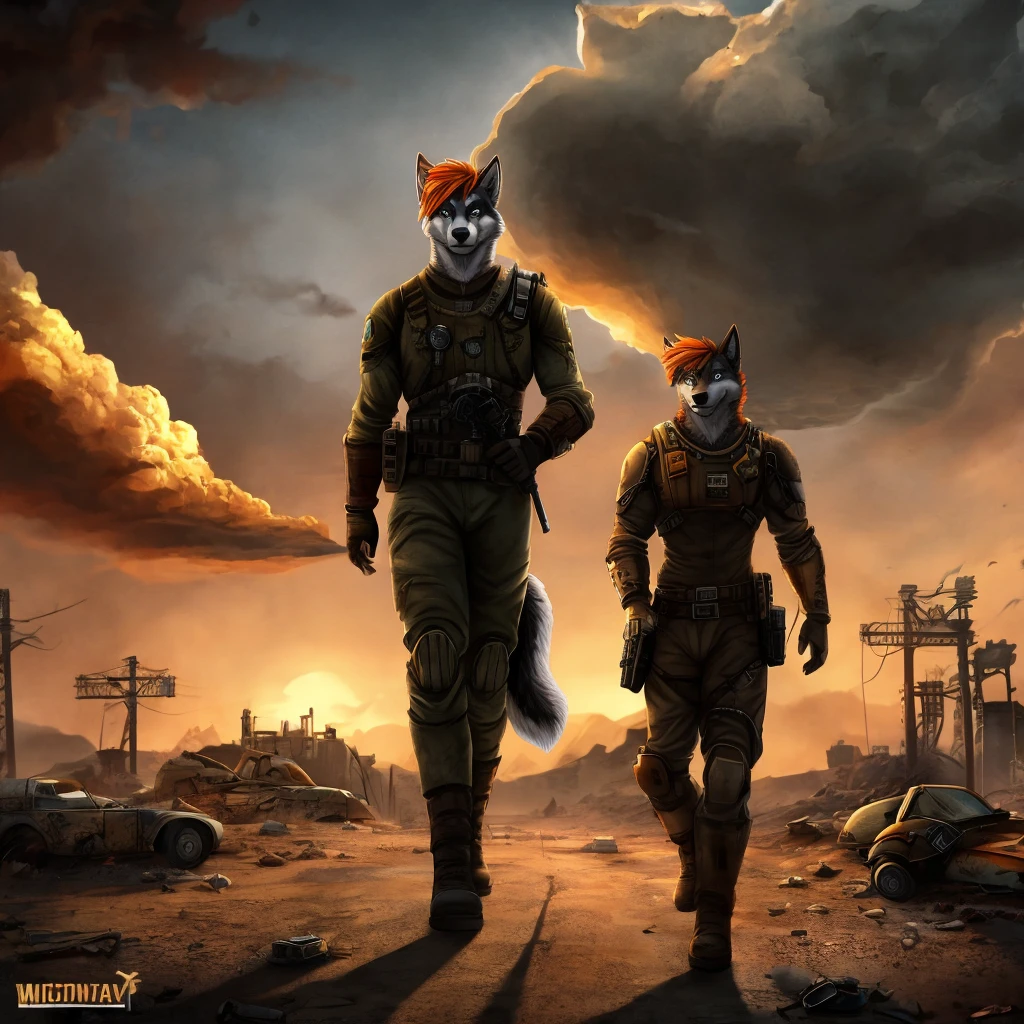 Gray husky with orange hair, fallout,  New Vegas, walking twords viewer, nuke cloud in background, abandoned city 