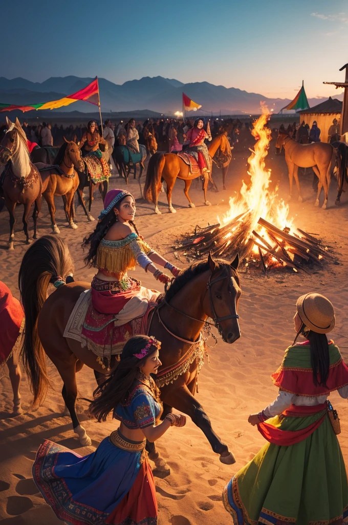 Illustration that represents the gypsy people, people in colorful clothes, cheerfulness, surrounded by few horses, a bonfire