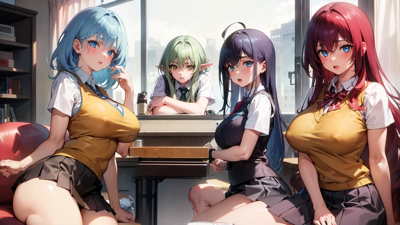 1girl, highelfarcher, high elf archer, elf, (green eyes:1.5), (green hair:1.2), hair between eyes, long hair, pointy ears, sidelocks,
BREAK (otonokizaka , pleated skirt, , short sleeves, skirt, summer uniform, sweater vest, yellow sweater vest,:1.2)
BREAK sitting in an office chair, on a desk,
BREAK (masterpiece:1.2), best quality, high resolution, unity 8k wallpaper, (illustration:0.8), (beautiful detailed eyes:1.6), extremely detailed face, perfect lighting, extremely detailed CG, (perfect hands, perfect anatomy),