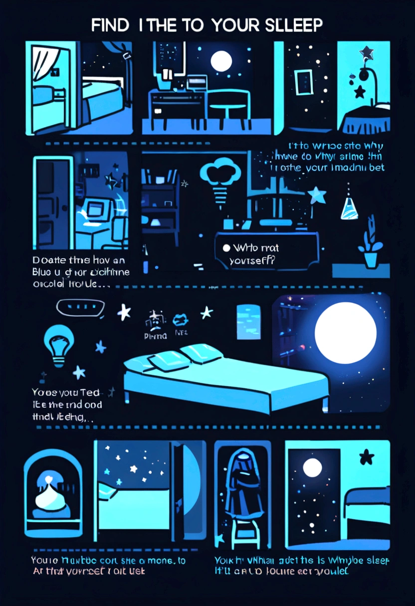 Create a YouTube thumbnail with a dark nighttime background, including stars and a moon. Main text 'Blue Light is Ruining Your Sleep!' in white or yellow, large font, at the top of the image. Secondary text 'Find out why and how to protect yourself' in white, smaller font, below or in a corner. Image of a person lying in bed, looking at a phone or tablet emitting a blue glow, with visible beams of blue light. Add icons of a moon, stars, bed, and a blue light bulb. Use dark colors for the background and contrasting colors for the text.