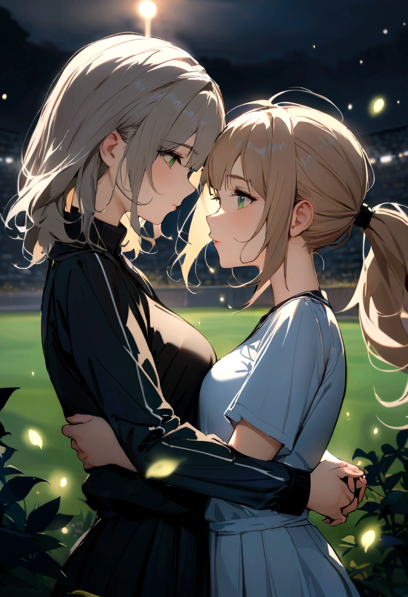 (Masterpiece, Best Quality), 2 girls, yuri, stadium, evening, fireflies, hug, Upper part of the body, on one side, group profile, eye contact, Moonlight, wind, by the floating, Leaves falling, sporty girl，short hair, Initial position，Asian Games，stain，distant view，super-fine，ultra-detailed，high quality，8k ，oc rendering and a girl, high, goegeous, long ponytail hair, light brown hair, green eyes, beautiful
