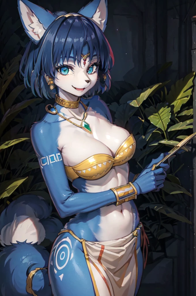 beautiful, masterpiece, Highest quality, Detailed Images, colorful, Vibrant colors, (outside, nature, Dense forest, log), alone, Detailed face, Perfect lighting, Perfect Shadow, Perfect Eyes, Girl Focus, Perfect Hair, blue eyes, Perfect Face, Gorgeous body, Hourglass-shaped body, Shiny body, One girl, alone, Bare shoulders, Upper Body, The body was cut off, short hair, Open your mouth, Medium chest, Animal ears, jewelry, Green Eyes, Blue Hair, clavicle, hair band, Cleavage, tattoo, necklace, Fox Ears, Fox Girl, gem, Furry, Circlet, Furry female, Body hair, White fur, Animal Nose, yellow hair band, Nose first, Two-tone fur, Yellow choker, Blue fur, White loin cloth, Golden Good, Ending,
(((Cowboy Shot, Fascinating, Smiling fox)))