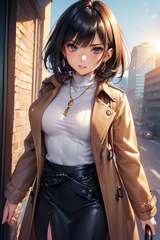 #Basics A girl is posing for a photo, animeのかわいい女の子, (((One Girl, Baby Face, Young girl, 16 years old))), 
BREAK 

#Clothing Accessories 
(((Black midi dress + red long trench coat + leather ankle boots), Silver necklace decorated with blue gemstones, Gold Earrings)), 
BREAK 

#Features 
((Black Hair:1.4), (Curly hair), (Short Hair : Curly hair + Neat and short hair)), 
(Droopy eyes,blue eyes), (Small breasts),  
BREAK 

#background environment 
((noon, Sunshine + An office district lined with modern buildings)), 
#Facial Expression Pose
(smug face, Standing in a relaxed position with hands in pockets), 
#composition 
((Face the camera, Cowboy Shot:1.4)), 
BREAK 

#Body parts elements 
(Symmetrical facial features, Beautiful face with attention to detail), 
(Detailed hair, Beautiful Hair, Shiny Hair), 
(double eyelid, Long eyelashes), 
(Expression of fine eyes, Beautiful and delicate eyes, Sparkling eyes, Eye Reflexes), 
(Human Ear), 
(Beautiful Nose, Thin Nose), 
(Glossy lips, Beautiful Lips, Thick lips), 
(Detailed skin, Textured skin, Beautiful Skin), 
BREAK 

#Quality 
(((Highest quality)), ((masterpiece)), ((Very detailed))), ((High resolution), (16K,1080P)), 
(Realistic), (Anatomically correct), 
((comics, anime)), (3DCG), CG illustration,
