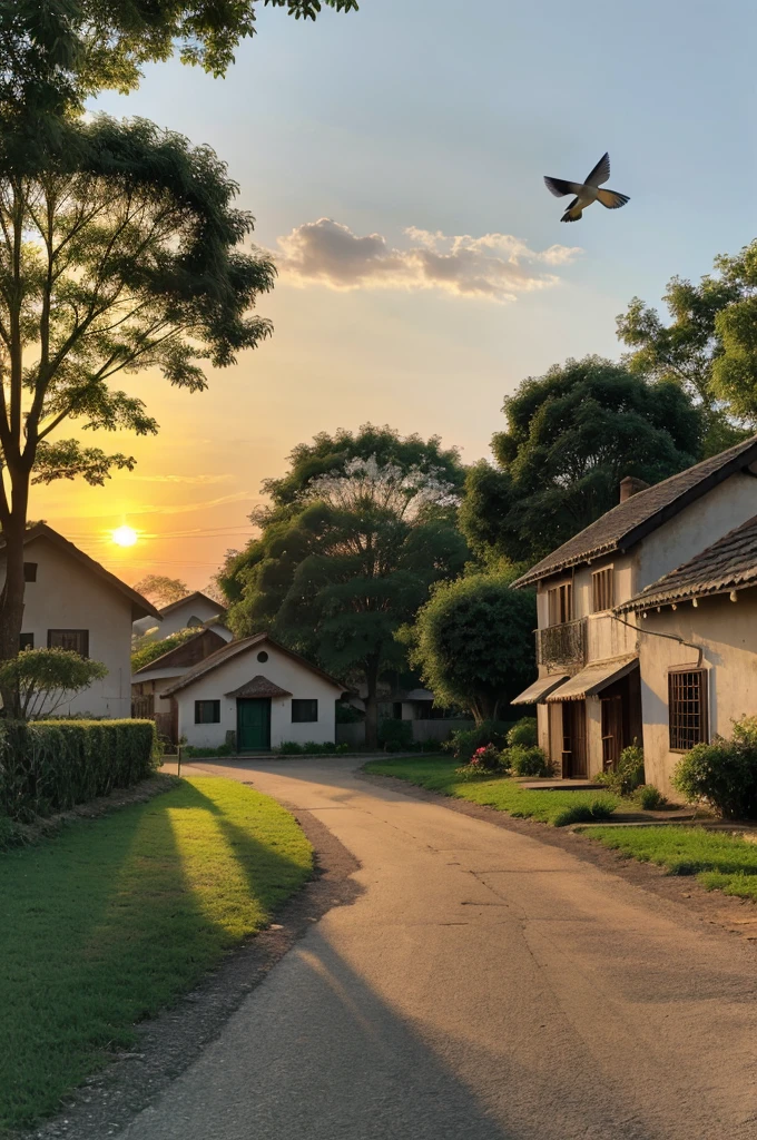 A serene village morning with birds chirping and the sun rising