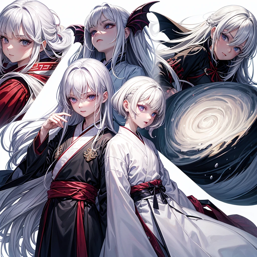 ((masterpiece)), (((best quality))), (character design sheet, same character, 3 views, front, side, back), Illustration, 1 boy, teenager, long hair, white hair color, bangs, hairstyle fax, albino, purple eyes, beautiful blind eyes, pretty face, androgynous, environment change, flute, hairstyle fax, pose kotai, feminine boy, kimono, demon slayer uniform, snow, (simple background, white background: 1.3) 