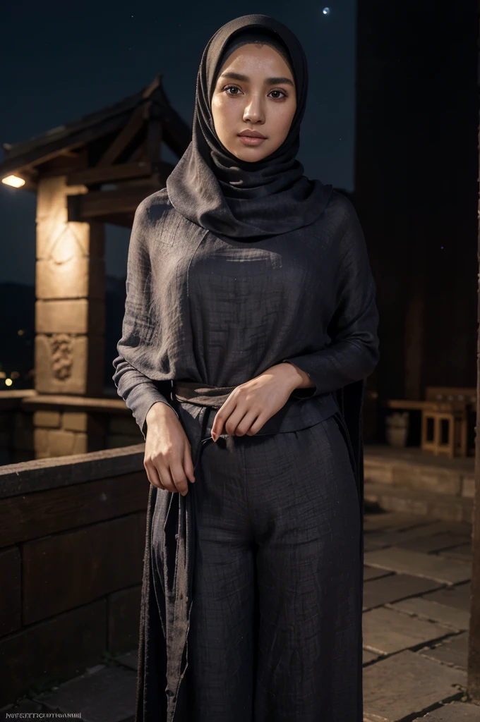 ((masterpiece)), super detailed, highly detailed, 16k, high resolution, ((turkish girl hijab)), ((long hijab, close hijab)), fit body, perfect eyes, pale skin, fair skin, perfect skin, ((outdoor)), at night, ultra-delicate face, delicate eyes, double eyelids, half smile, Realistic, beautiful and delicate photo,heterosexual, braless, standing, ((night time, night sky, low light, darkness, dark night)), cold expression, cold pose, front view, ((Wide-leg linen pants)), at javanese village,muslim clothes