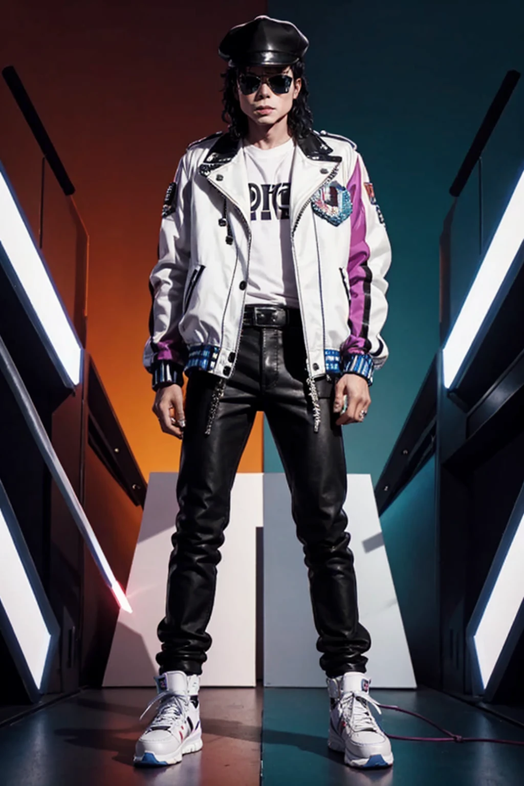 Michael Jackson punk ,standing in front, White shoe, wearing colored glasses, wearing jacket, cap, led shock beams, humanoid front , Art abstract, no estilo Alex Petruk