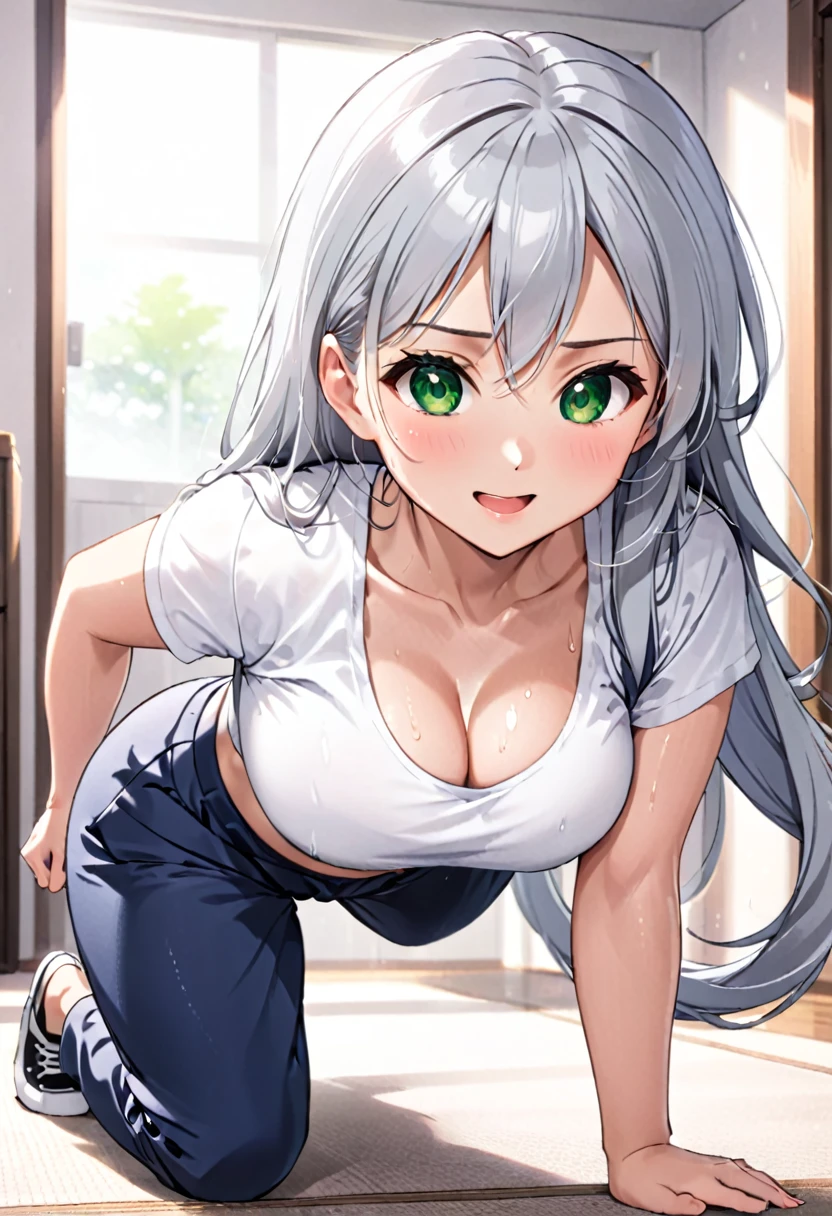 Pretty asian woman, bright silver hair, long hair, green eyes, busty, sweat pants and a white t shirt, cute, anime style, crawling away from the camera, facing away, happy and excited