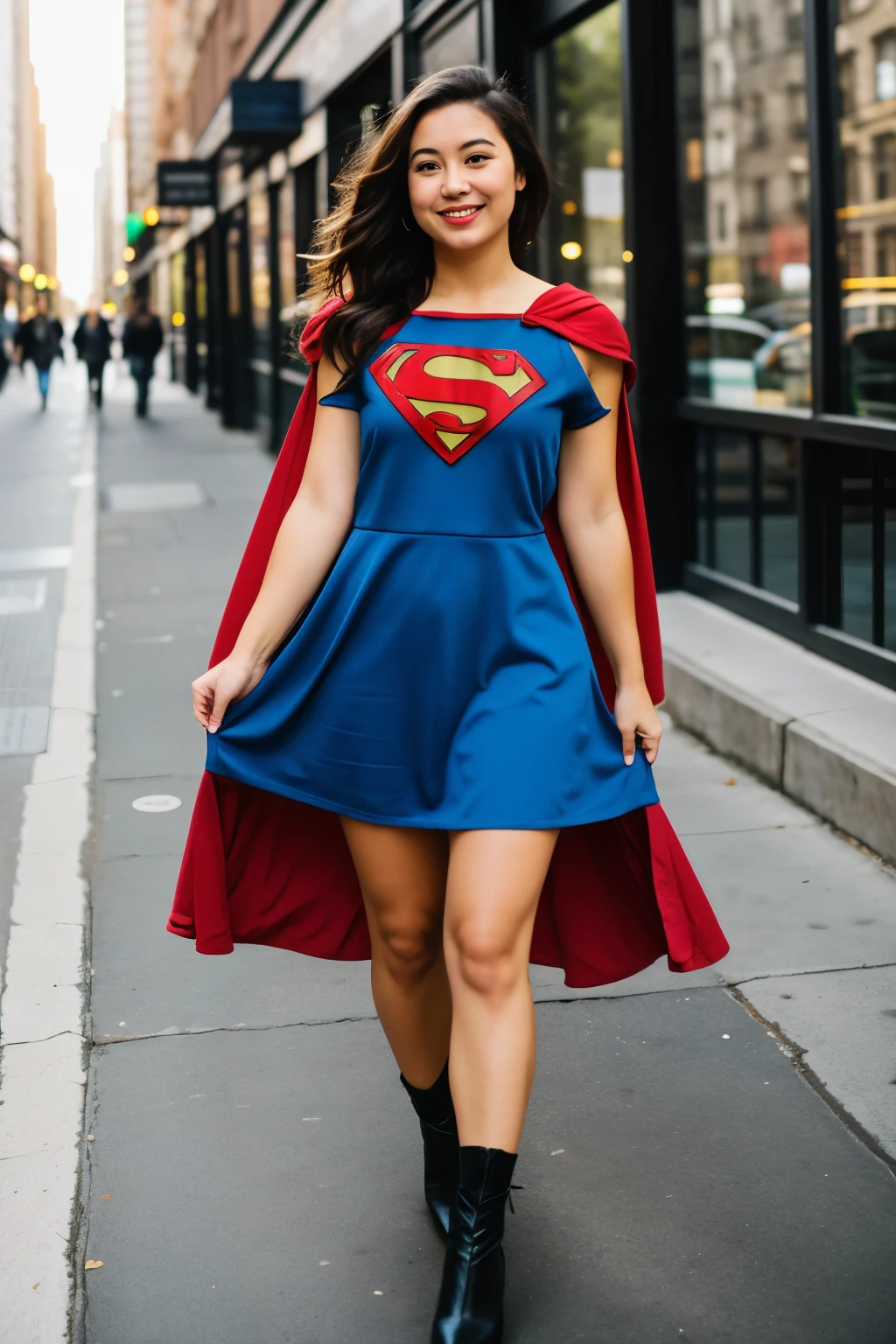create a person in the city, walked down the street, realist, super hero dress

