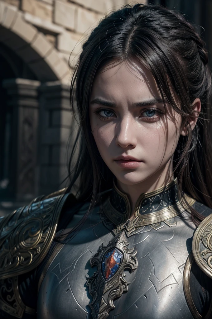 a paladino with a determined gaze, highly detailed face, piercing eyes, noble expression, ornate armor, sword at the ready, cinematic lighting, dramatic shadows, epic fantasy, digital painting, intricate details, photorealistic, 8k, best quality