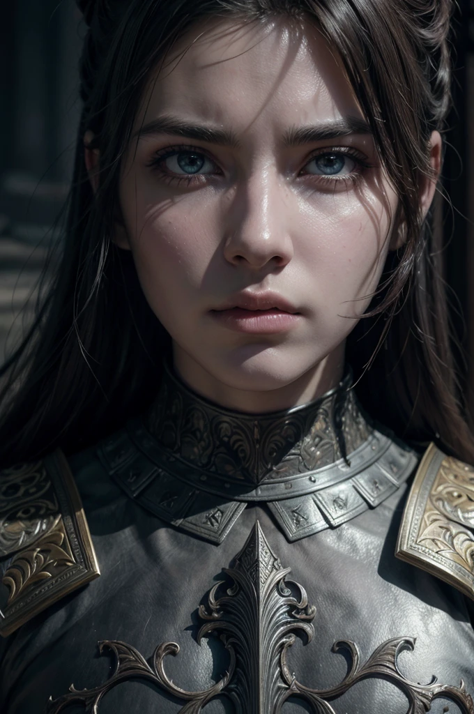 a paladino with a determined gaze, highly detailed face, piercing eyes, noble expression, ornate armor, sword at the ready, cinematic lighting, dramatic shadows, epic fantasy, digital painting, intricate details, photorealistic, 8k, best quality