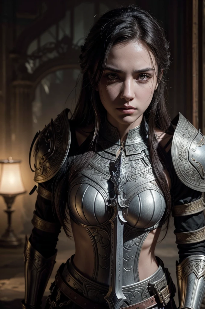 a paladino with a determined gaze, highly detailed face, piercing eyes, noble expression, ornate armor, sword at the ready, cinematic lighting, dramatic shadows, epic fantasy, digital painting, intricate details, photorealistic, 8k, best quality