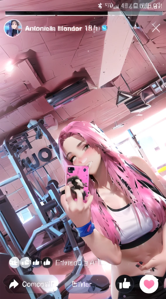 arafed woman taking a selfie in a gym room, in a gym, working out, fit pic, fit girl, 1 6 years old, 18 years old, with abs, 2 4 year old female model, anna nikonova aka newmilky, mirror selfie, 🤬 🤮 💕 🎀, low quality video, in the high school gym