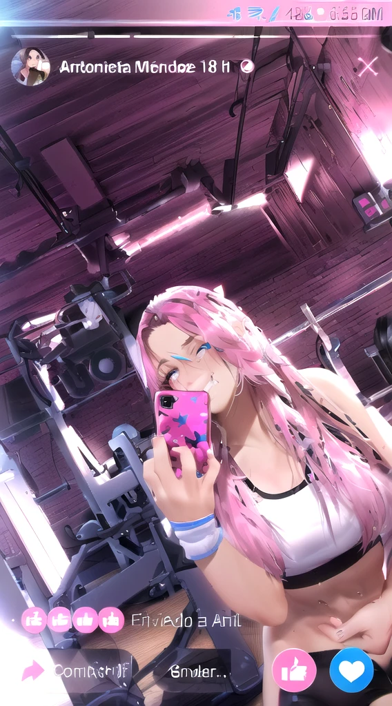 arafed woman taking a selfie in a gym room, in a gym, working out, fit pic, fit girl, 1 6 years old, 18 years old, with abs, 2 4 year old female model, anna nikonova aka newmilky, mirror selfie, 🤬 🤮 💕 🎀, low quality video, in the high school gym