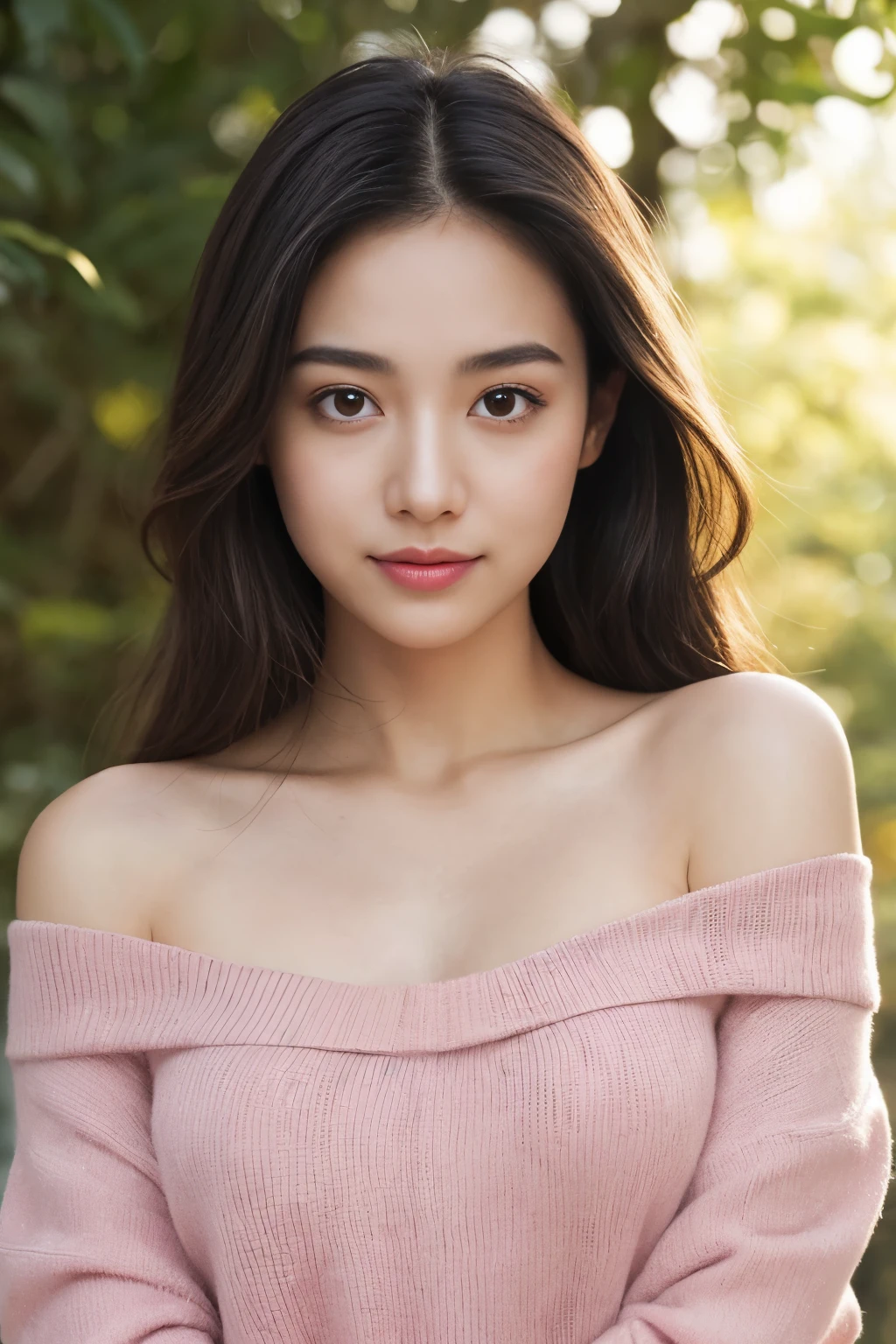 Create a (( mid-shot )) photorealistic image of a beautiful Asian woman with fair, smooth, flawless skin. She has large, round, sparkling eyes with naturally long and curled eyelashes, and well-defined, dark eyebrows. Her nose is straight and high, and her naturally pink, soft lips form a gentle smile. She has short, slightly curled brown hair that highlights her delicate facial features. Her face is oval-shaped, with a wide and high forehead, moderately high cheekbones, and a pointed, slender chin. (( waist to top)) ((,She is wearing a soft pink sweater relaxed neckline that casually ((drapes off one shoulder)), exposing slender shoulders with black bra trap, highlighted by the rays of light creating a radiant effect on her skin. , mid-shot , light rays, warm atmosphere ,))