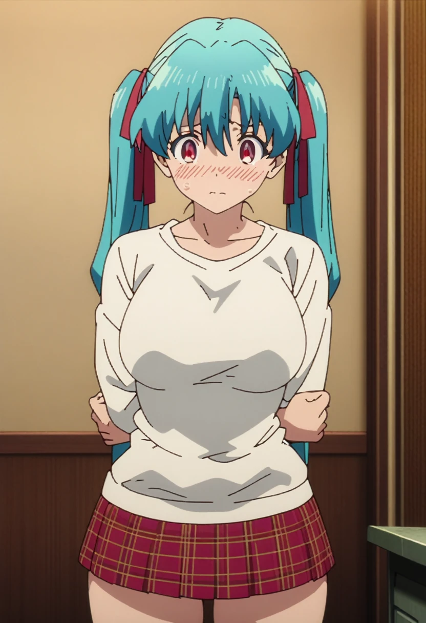 cel-shaded, 1990s anime, detailed, high quality, atmospheric, masterpiece, best quality, very aesthetic, absurdres, anime screencap, miku. 1girl, solo, red eyes, detailed eyes, blue hair, twintails, long twintails, hair ribbons, , miniskirt, plaid miniskirt, white shirt, indoors, curvy body, big breasts, blush, sad, cowboy shot, standing, front view, arms on back