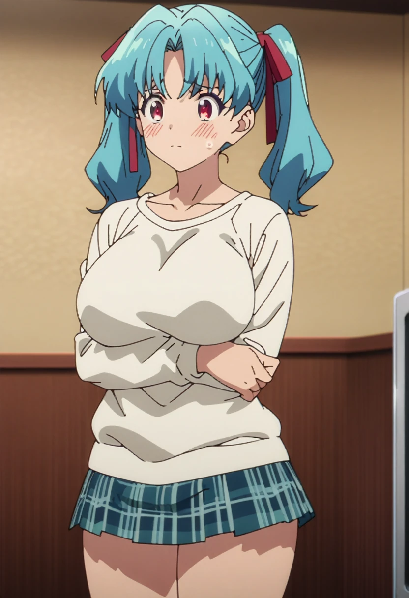 cel-shaded, 1990s anime, detailed, high quality, atmospheric, masterpiece, best quality, very aesthetic, absurdres, anime screencap, miku. 1girl, solo, red eyes, detailed eyes, blue hair, twintails, long twintails, hair ribbons, , miniskirt, plaid miniskirt, white shirt, indoors, curvy body, big breasts, blush, sad, cowboy shot, standing, front view, arms on back