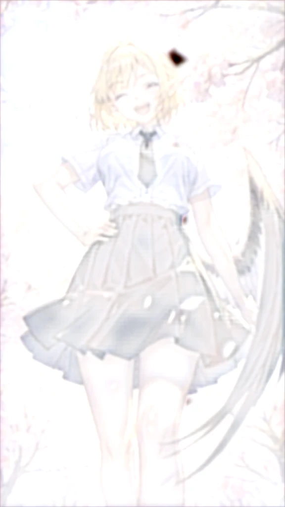 masterpiece, best quality, absurdres, kamogawa,1girl,20s,happy,white shirt,black standard tie,short sleeves,white school skirt,short hair,blonde hair,pointy ears,(harpy,harpy wings), shiny skin, (medium breasts:1.4), outdoors, cherry blossoms, tree, petals, (falling petals:1.2), sunlight, lens flare, spring days, sky, natural lighting, soft lighting, backlighting, intricate shadow, hdr, volumetic lighting, highly detailed background, messy background,twightlight,(one eye closed:1.2), open mouth, light smile, (happy:1.2), hand on hip, from below,