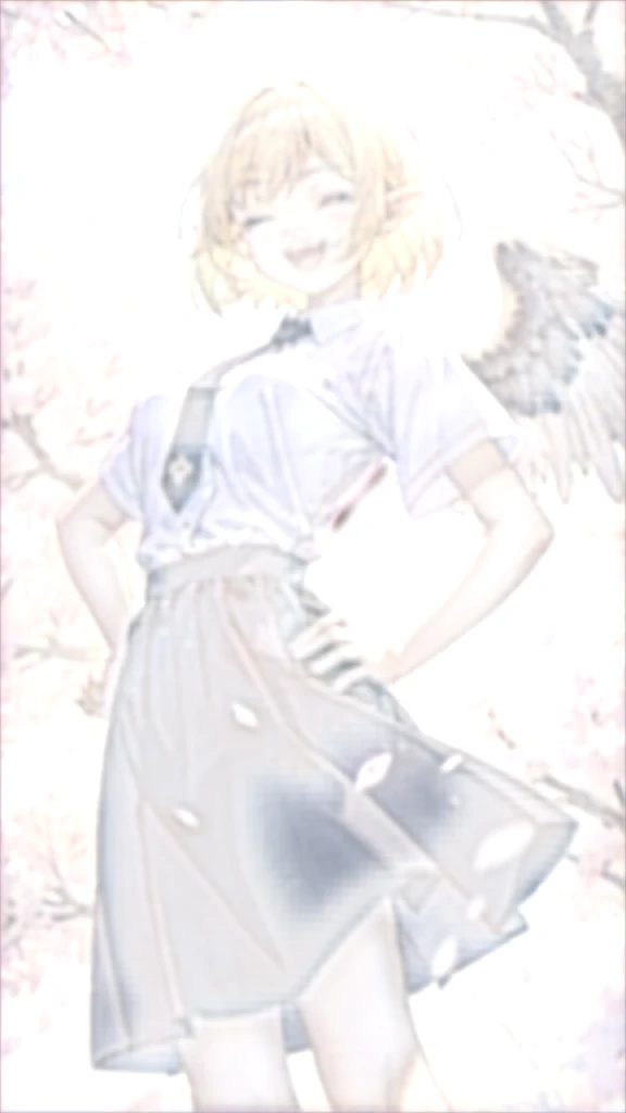 masterpiece, best quality, absurdres, kamogawa,1girl,20s,happy,white shirt,black standard tie,short sleeves,white school skirt,short hair,blonde hair,pointy ears,(harpy,harpy wings), shiny skin, (medium :1.4), outdoors, cherry blossoms, tree, petals, (falling petals:1.2), sunlight, lens flare, spring days, sky, natural lighting, soft lighting, backlighting, intricate shadow, hdr, volumetic lighting, highly detailed background, messy background,twightlight,(one eye closed:1.2), open mouth, light smile, (happy:1.2), hand on hip, from below,