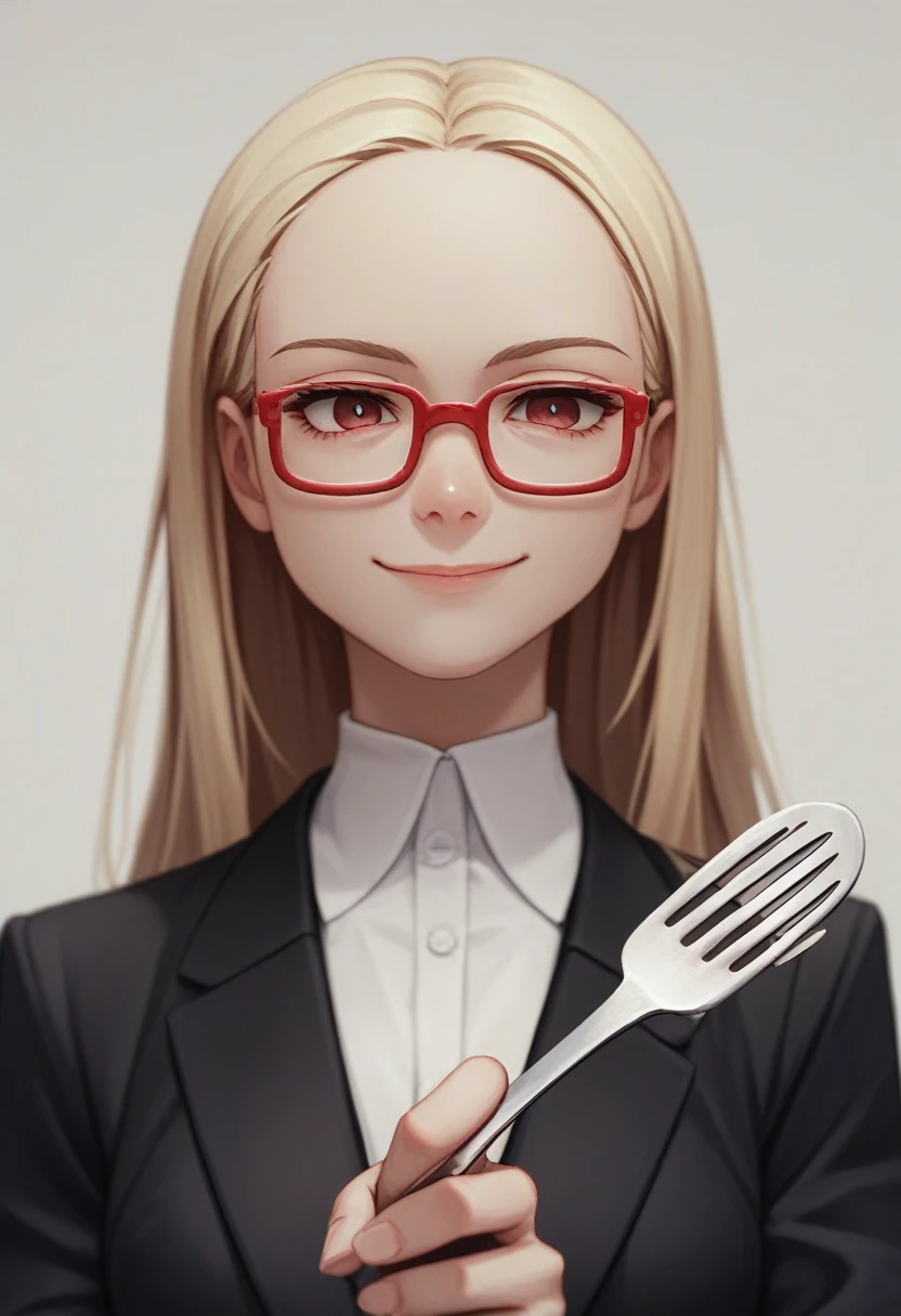 a blonde woman with long hair smiling), staring overhead, (only the bust), (Black Suit), (Red glasses), (holding fork), (3d style image).