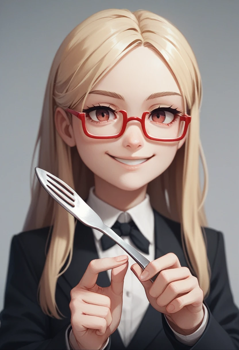 a blonde woman with long hair smiling), staring overhead, (only the bust), (Black Suit), (Red glasses), (holding fork), (3d style image).