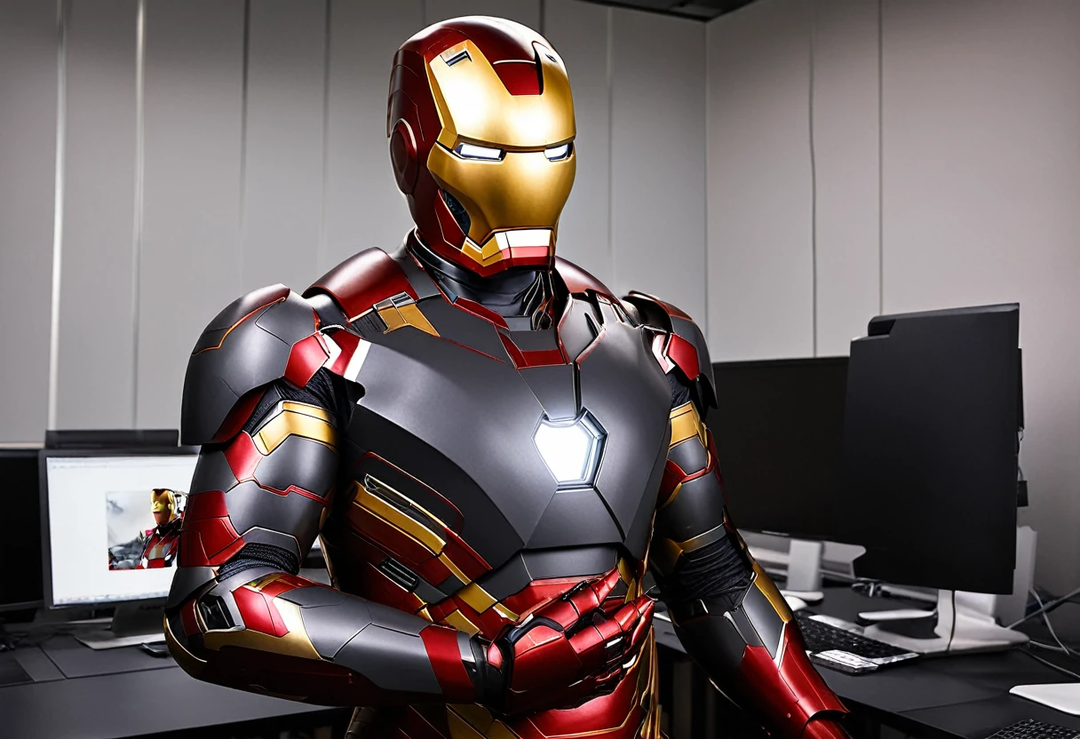 play iron man with his red and gold armor on his face but wearing a black suit holding a gray computer in the background as if he were in his serious programming space. An image that demonstrates seriousness and power when working as a freelancer, looking at the camera, from the front, high quality image