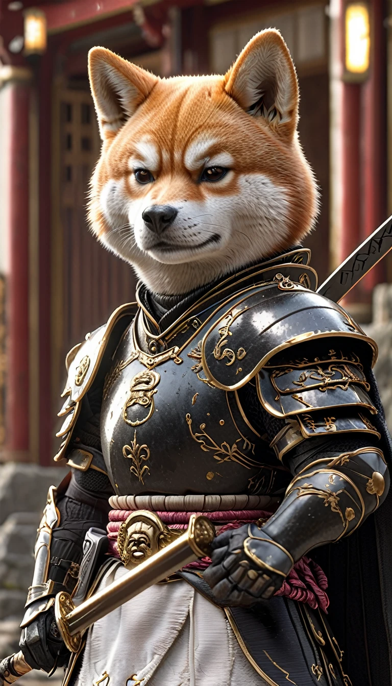 Close-up shot of a Shiba Inu, Shiba Inu Samurai,whole body, Equipped with a Japanese sword wrapped in black lightning, Wearing Japan armor, Background of the Japan Temple, High resolution, masterpiece, Highest quality, Super detailed, Super detailed, Ultra-realistic,
Japan style, 3D Fluffy, Cute and adorable close-ups, Cute big round reflective eyes, Long fuzzy fur, Pixar Rendering, unreal engine Cinematic smooth, Exquisite detail, Cinematic