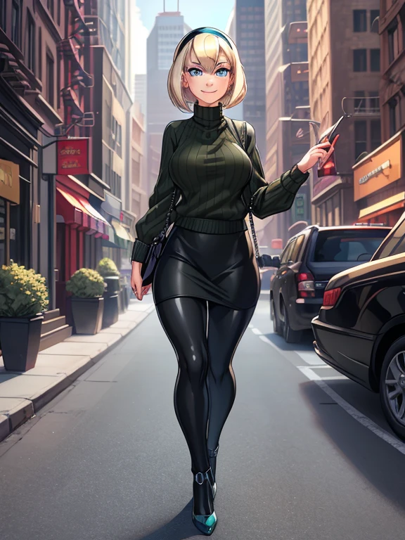 1girl, solo, gwenclassic2023, platinum blonde hair, bright blue eyes, black hairband, olive green sweater, black leggings, black heels, holding a handbag, smile, looking at viewer, ray tracing, walking in new york,(masterpiece), (best quality), (detailed), (intricate background:1.1),
