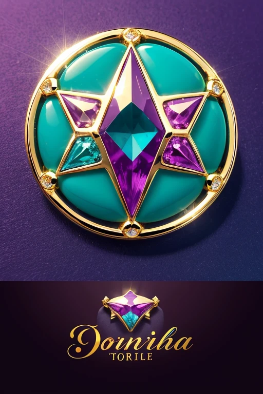 Logo for a jewelry company with cut gems in the colors Paraíba tourmaline cyan blue neon, blue green emerald, deep purple amethyst, with a design of jewelry in silver and gold rings following the background with designs in paisley format