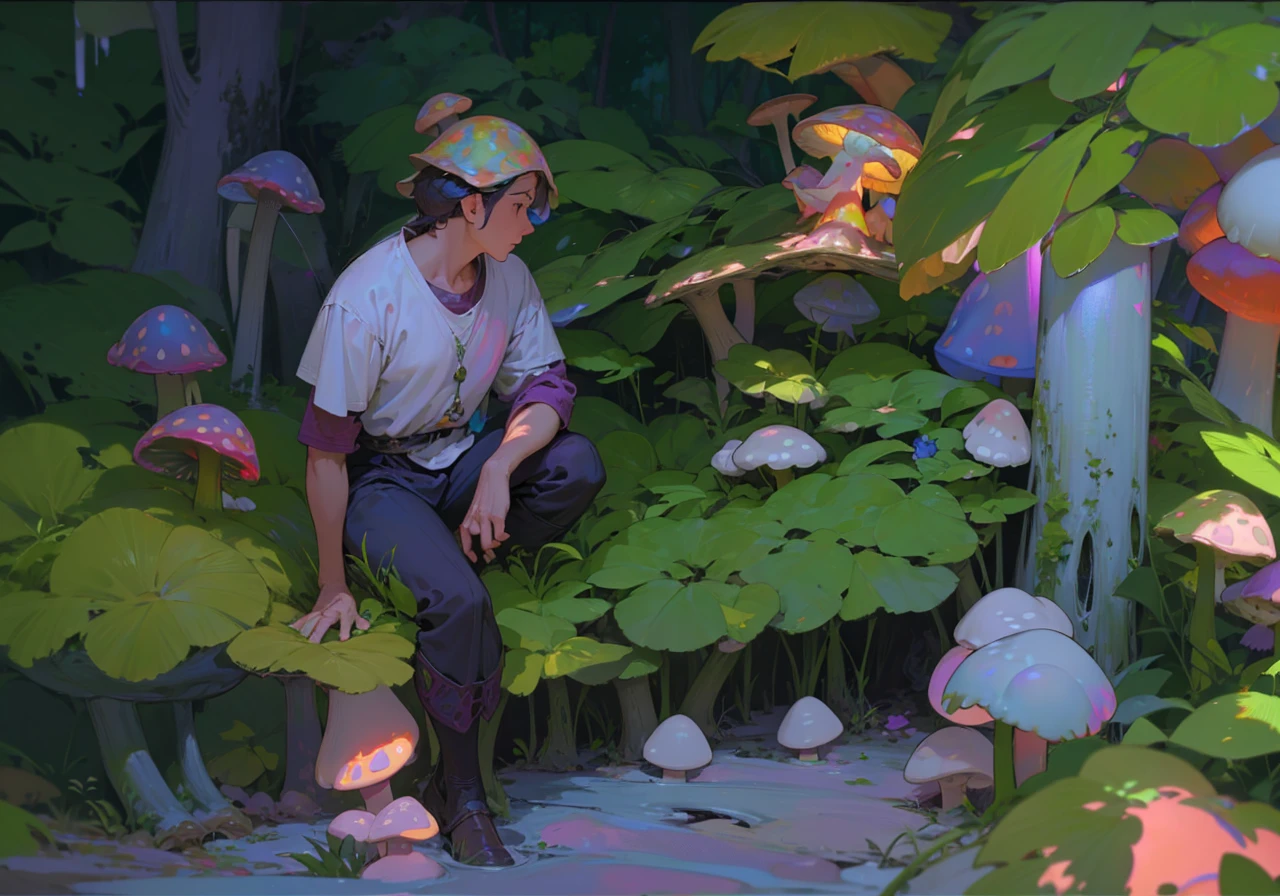 a magical lush forest, mystical glowing mushrooms, sunlight filtering through the leaves, detailed fantasy landscape, surreal dreamlike atmosphere, vibrant colors, intricate details, dramatic lighting, photorealistic, best quality