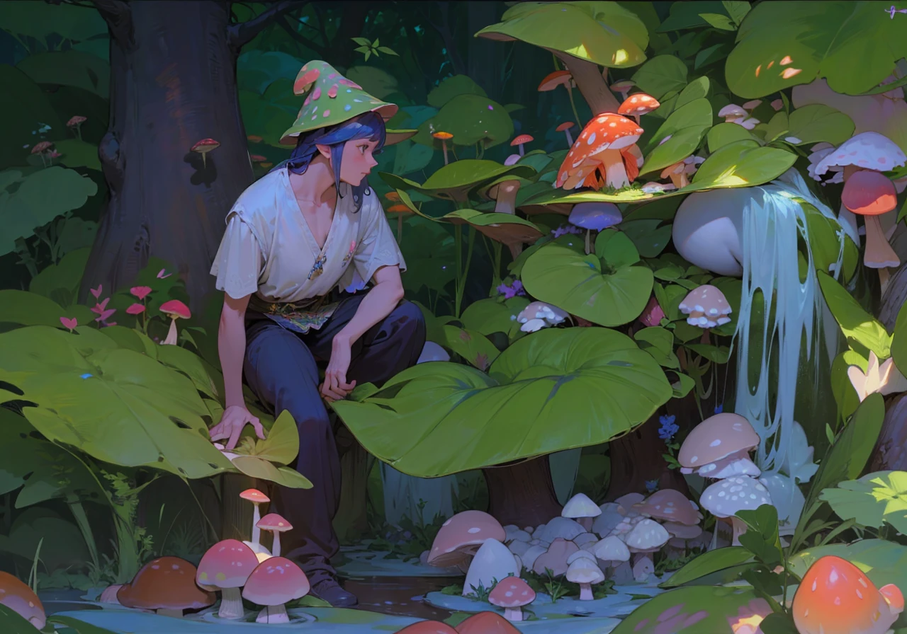 a magical lush forest, mystical glowing mushrooms, sunlight filtering through the leaves, detailed fantasy landscape, surreal dreamlike atmosphere, vibrant colors, intricate details, dramatic lighting, photorealistic, best quality
