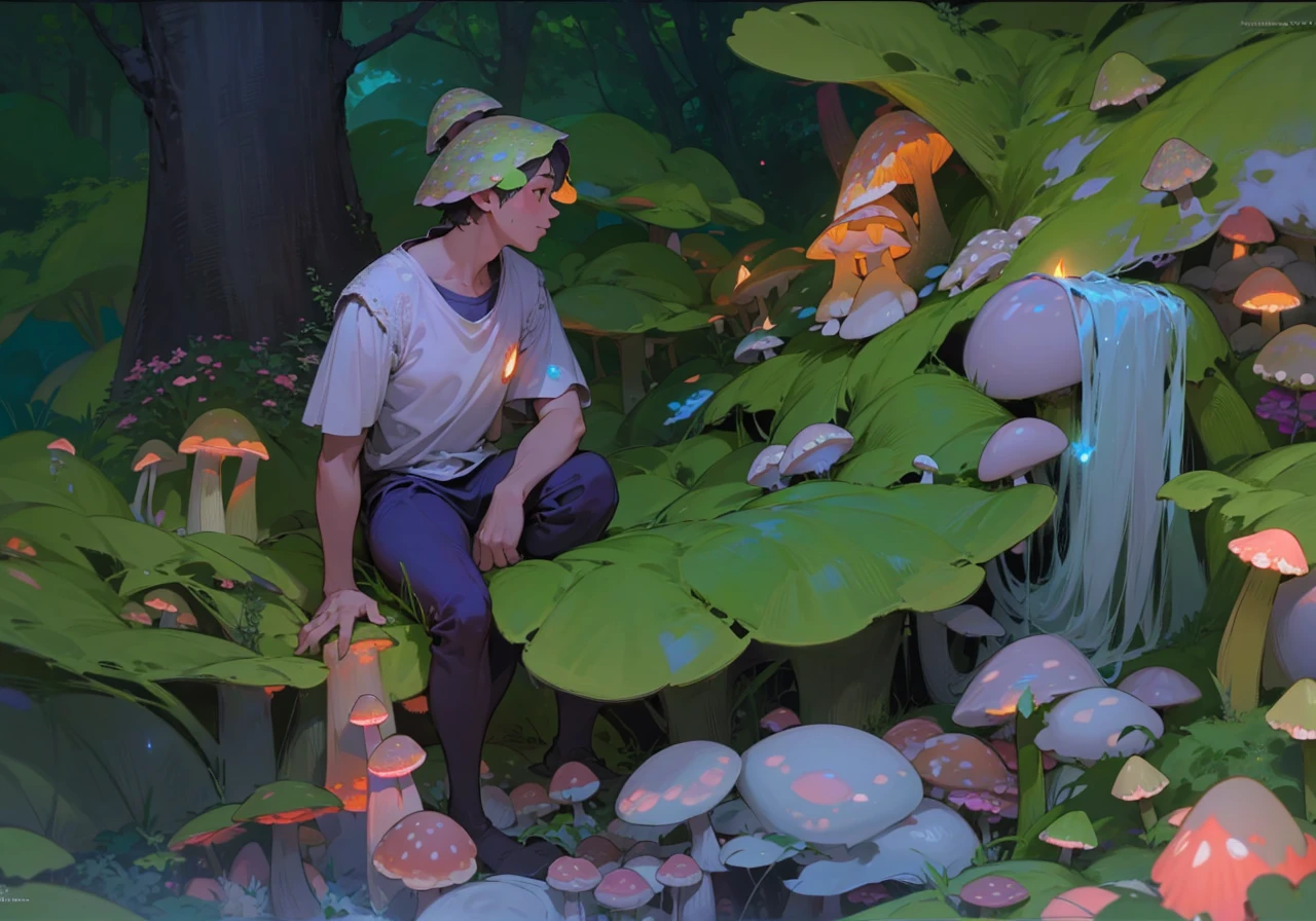 a magical lush forest, mystical glowing mushrooms, sunlight filtering through the leaves, detailed fantasy landscape, surreal dreamlike atmosphere, vibrant colors, intricate details, dramatic lighting, photorealistic, best quality