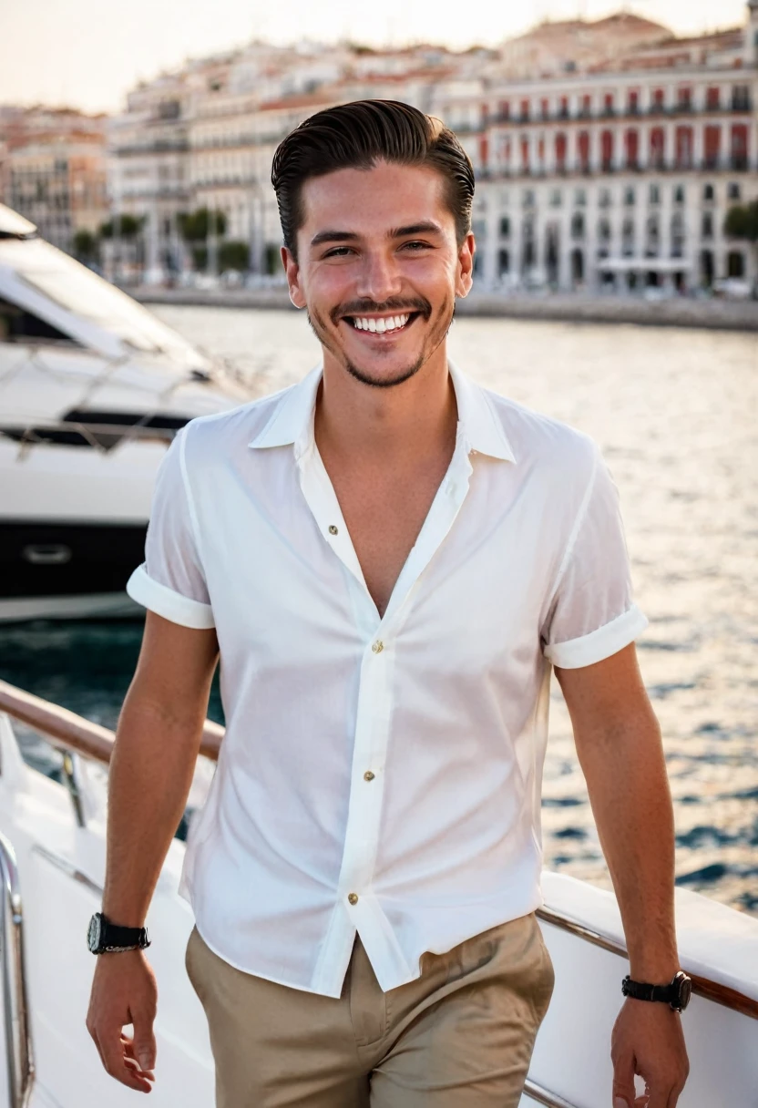 25 year old boy walking down the street in Madrid, dark brown hair, medium short and slicked back with a big smile on his face, Beach fashion dress on a yacht in the Mediterranean of Europe.