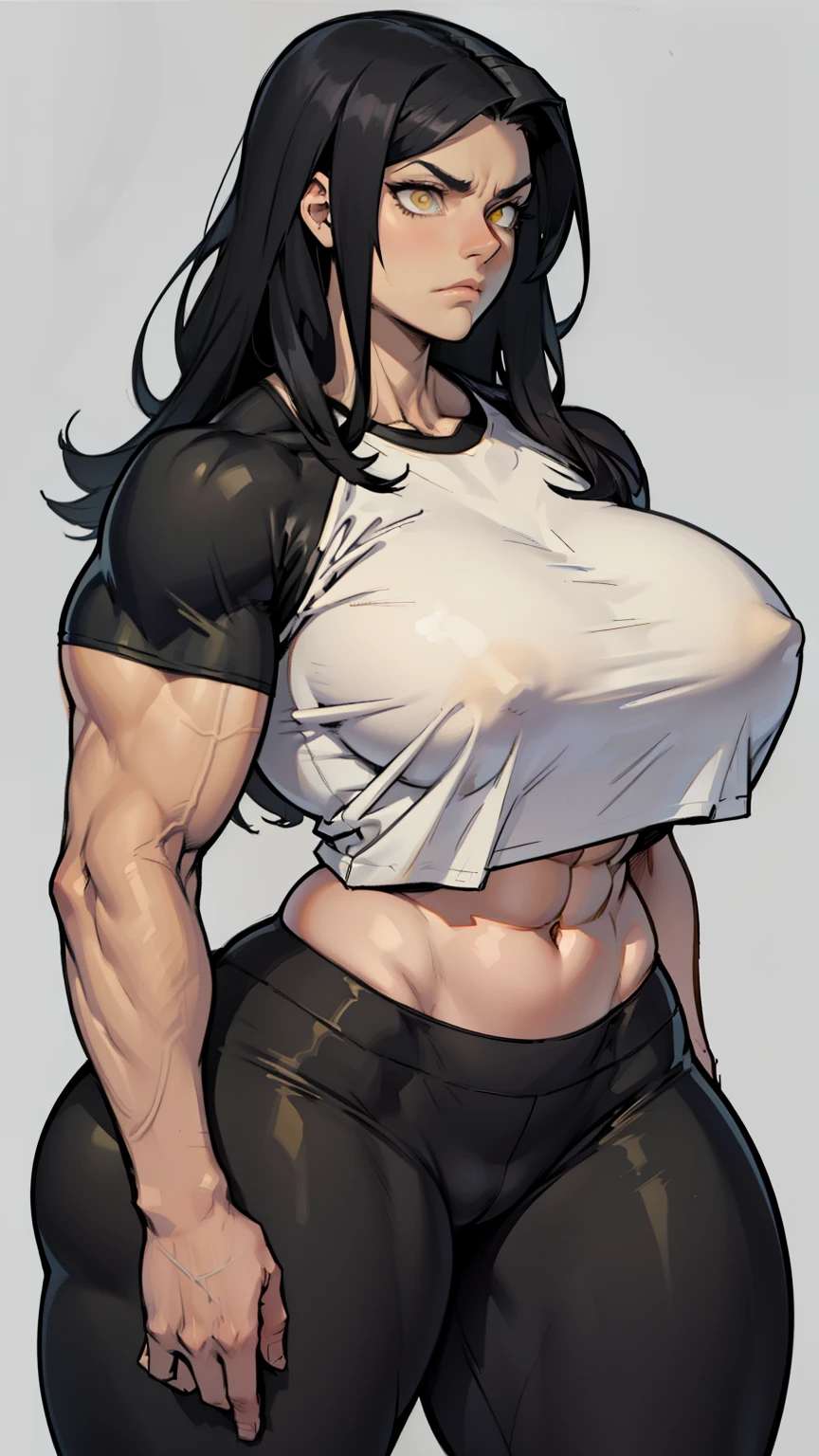 massive breasts huge muscles muscular girl toned body bodybuilder grey background leggings tight shirt black hair yellow eyes pale skin long hair wide hips curvy thick thighs thick thick thick thick tight sad frown expressionless