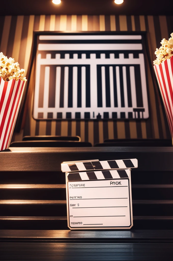 movie clapperboard,striped popcorn package,with movie screen in the background