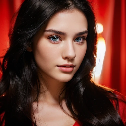 Gorgeous woman with long black hair and a red shirt, perfectly lit face, face is brightly lit, headshot profile picture, 20 years old girl, 20 years old woman, detailed unblurred face, full face , close up face, looking straight to camera, perfectly eyes, amazing blue eyes,