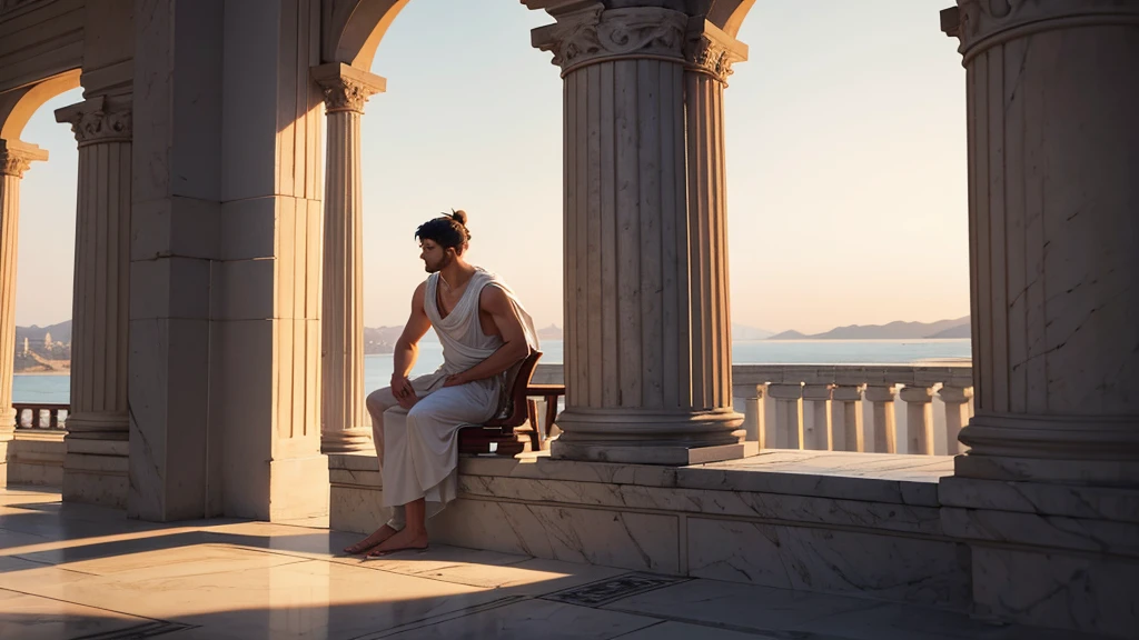 create a detailed and evocative scene that depicts Roman stoicism. the image must show a Roman philosopher,v wearing a traditional toga , sitting on a marble chair in an open courtyard surrounded by classical columns . he is in deep meditation , with a serene and introspective look. In the background there must be a view of the horizon with the Nile River  , Lighting should be soft, with the white light of dawn, creating a context of serenity of stoicism, calm, you knew, and introspective