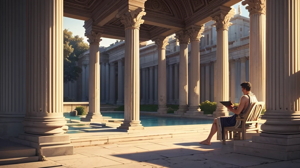 create a detailed and evocative scene that depicts Roman stoicism. the image must show a Roman philosopher,v wearing a traditional toga , sitting on a marble chair in an open courtyard surrounded by classical columns . he is in deep meditation , with a serene and introspective look. In the background there must be a view of the horizon with the Nile River , Lighting should be soft, with the white light of dawn, creating a context of serenity of stoicism, calm, you knew, and introspective