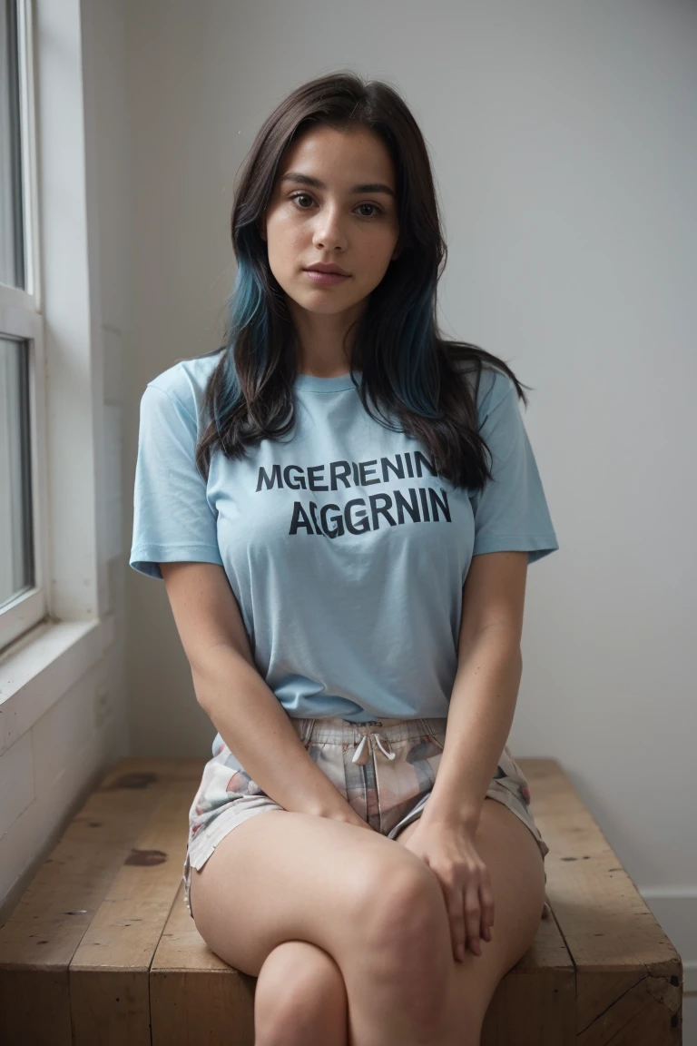 A 30-year-old woman with blue hair and light brown roots...., ((wear a selected shirt "argentina"))1.4,sitting in front,4, beauty perfect face, very sexy look, photorealistic high level body
