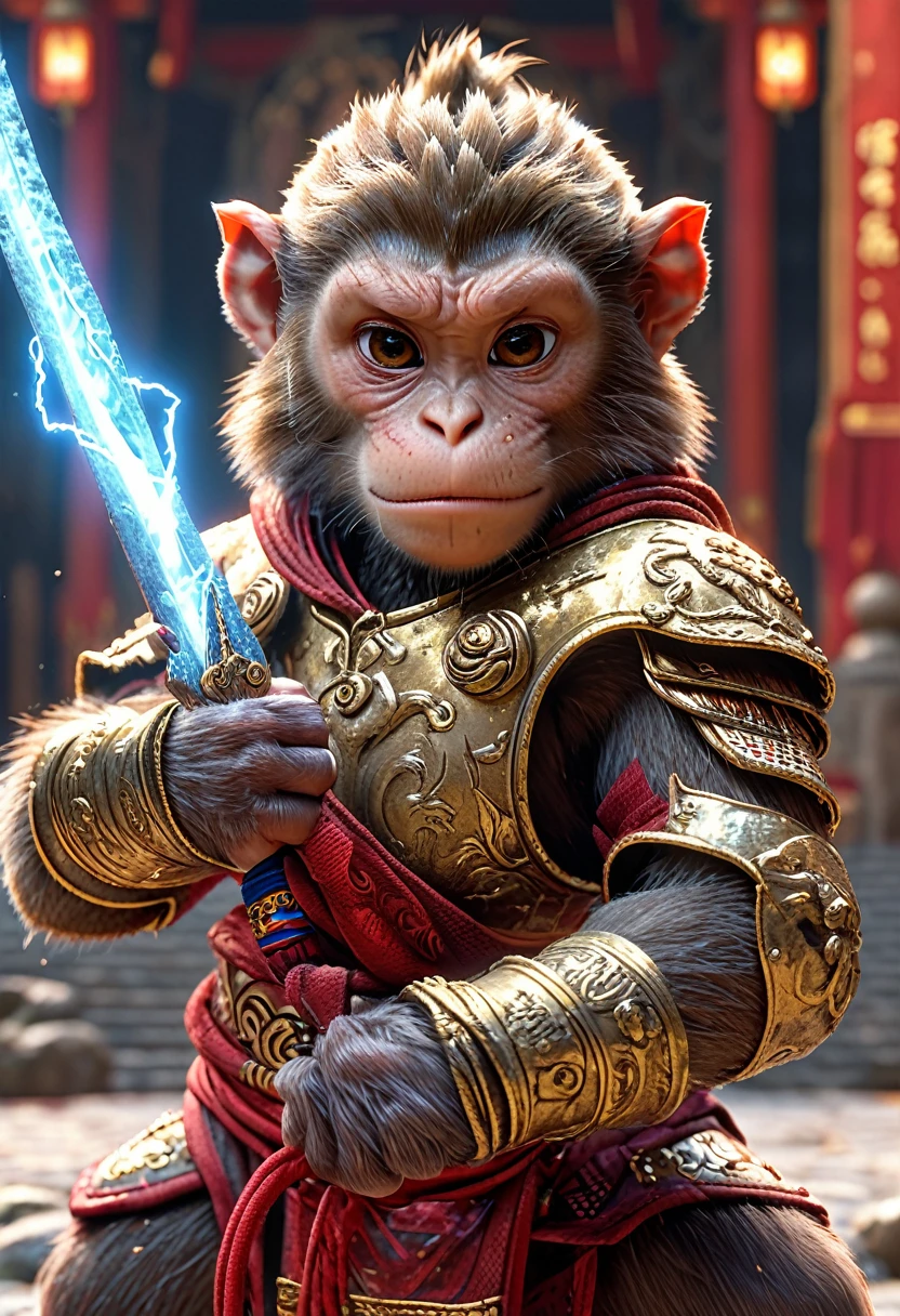 Close-up shot of a monkey, Monkey Martial Artist,whole body, Equipped with a lightning-charged Nyoibou, Wearing martial arts uniform, Chinese Shaolin Temple Background, High resolution, masterpiece, Highest quality, Super detailed, Super detailed, Ultra-realistic,
 Hong Kong Style, 3D Fluffy, Cute and adorable close-ups, Cute big round reflective eyes, Long fuzzy fur, Pixar Rendering, unreal engine Cinematic smooth, Exquisite detail, Cinematic