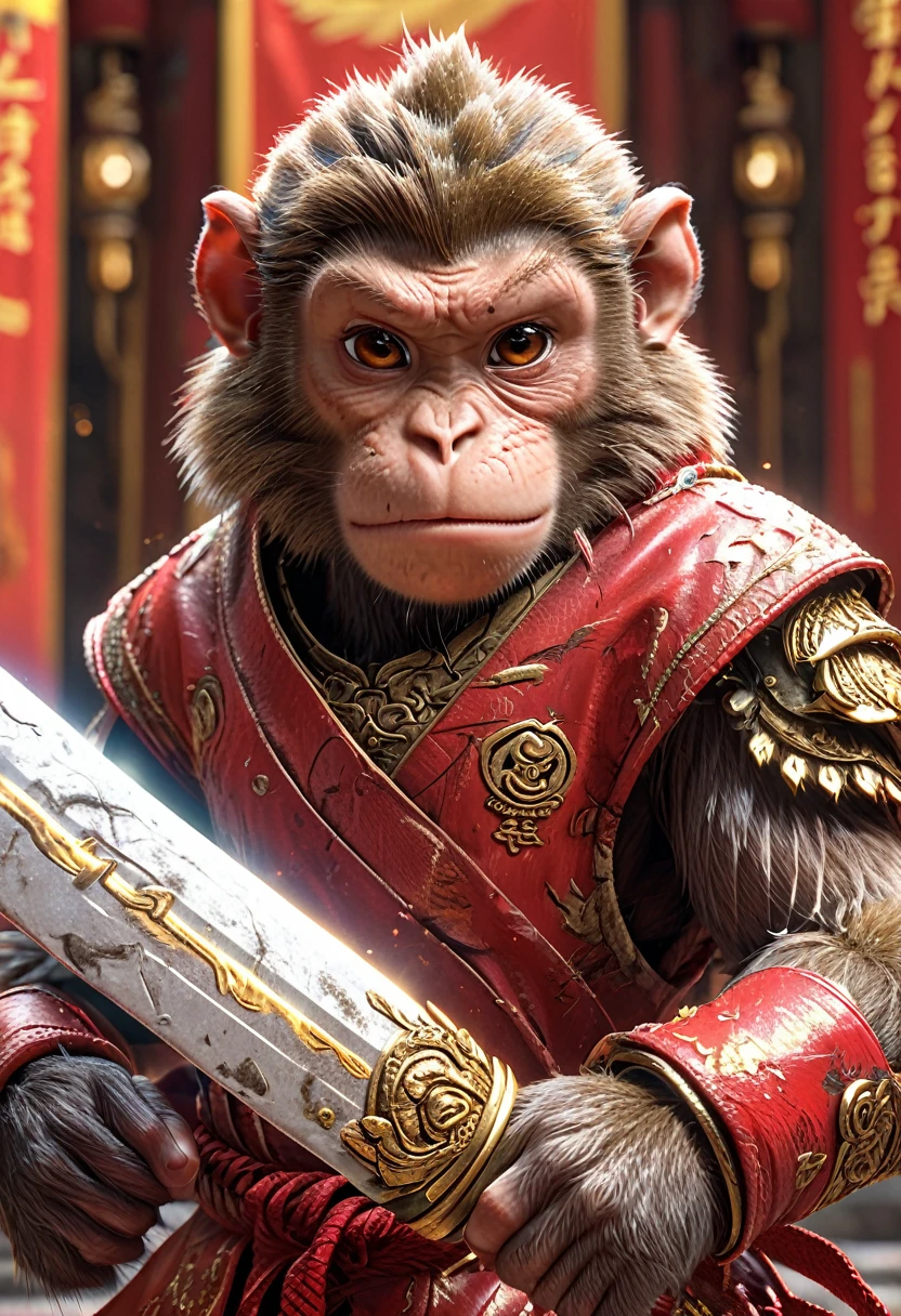 Close-up shot of a monkey, Monkey Martial Artist,whole body, Equipped with a lightning-charged Nyoibou, Wearing martial arts uniform, Chinese Shaolin Temple Background, High resolution, masterpiece, Highest quality, Super detailed, Super detailed, Ultra-realistic,
 Hong Kong Style, 3D Fluffy, Cute and adorable close-ups, Cute big round reflective eyes, Long fuzzy fur, Pixar Rendering, unreal engine Cinematic smooth, Exquisite detail, Cinematic